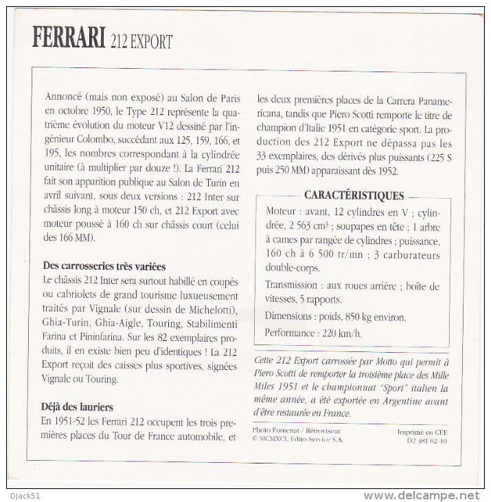 Fiche : Voitures De Course / FERRARI 212 EXPORT / 1951 - 1952 / Epoque Classique / Italie - Automobile - F1