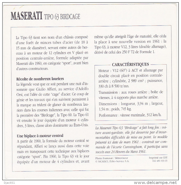 Fiche : Voitures De Course / MASERATI TIPO 63 BIRDCAGE / 1960 - 1961 / Epoque Classique / Italie - Autosport - F1