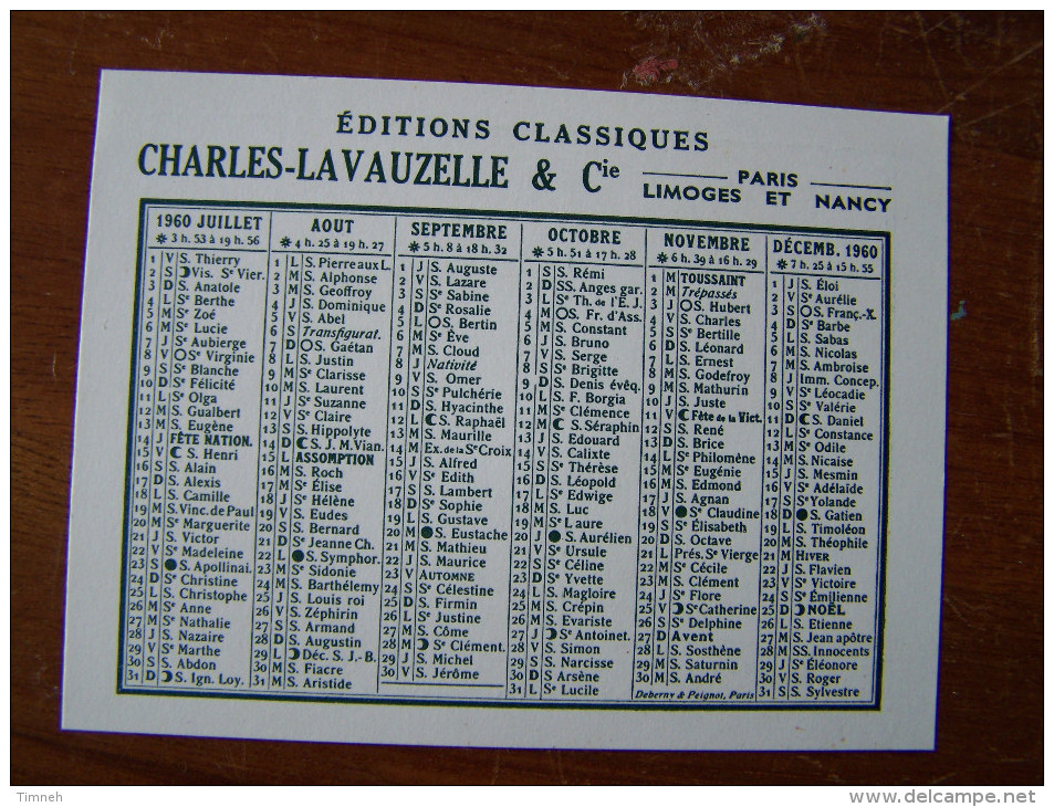 PETIT CALENDRIER De Poche 1960 EDITIONS CLASSIQUES CHARLES LAVAUZELLE & CIE PARIS LIMOGES ET NANCY - Petit Format : 1941-60