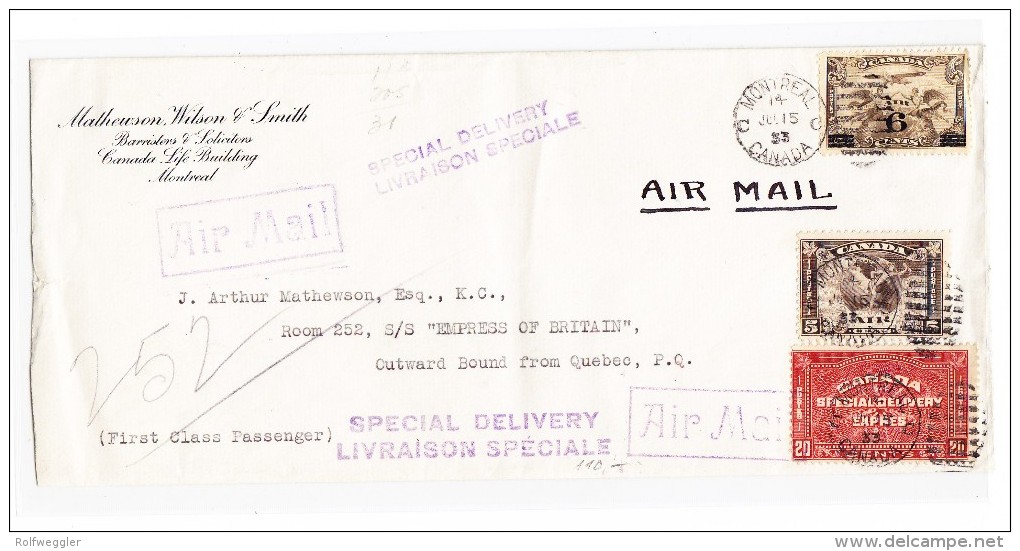 Montreal 15-7-1933 Flugpost Brief  "Air Mail Special Delivery" Auf Schiff "S/S "EMPRESS OF BRITAIN" - Posta Aerea: Espressi