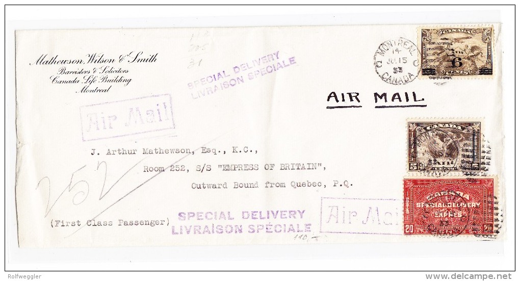 Montreal 15-7-1933 Flugpost Brief  "Air Mail Special Delivery" Auf Schiff "S/S "EMPRESS OF BRITAIN" - Luchtpost: Expres