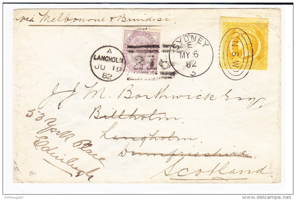 N.S.W. 8d. Gelb Auf Brief Nach Sydney 6.5.1882 Nach Langholm Schottland Weitergeleitet Mit 1P.lilas Nach Edinburgh - Storia Postale