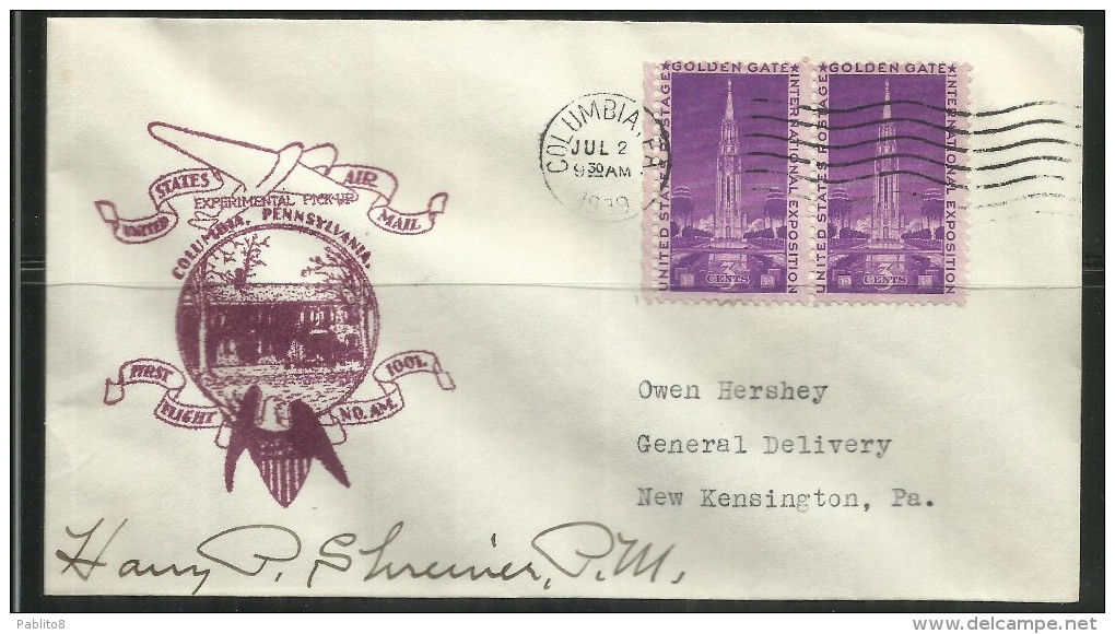 UNITED STATES STATI UNITI USA 2 JUL 1939 COLUMBIA PENNSYLVANIA EXPERIMENTAL PICK-UP ROUTE FIRST FLIGHT AM 1001 FDC COVER - 1851-1940