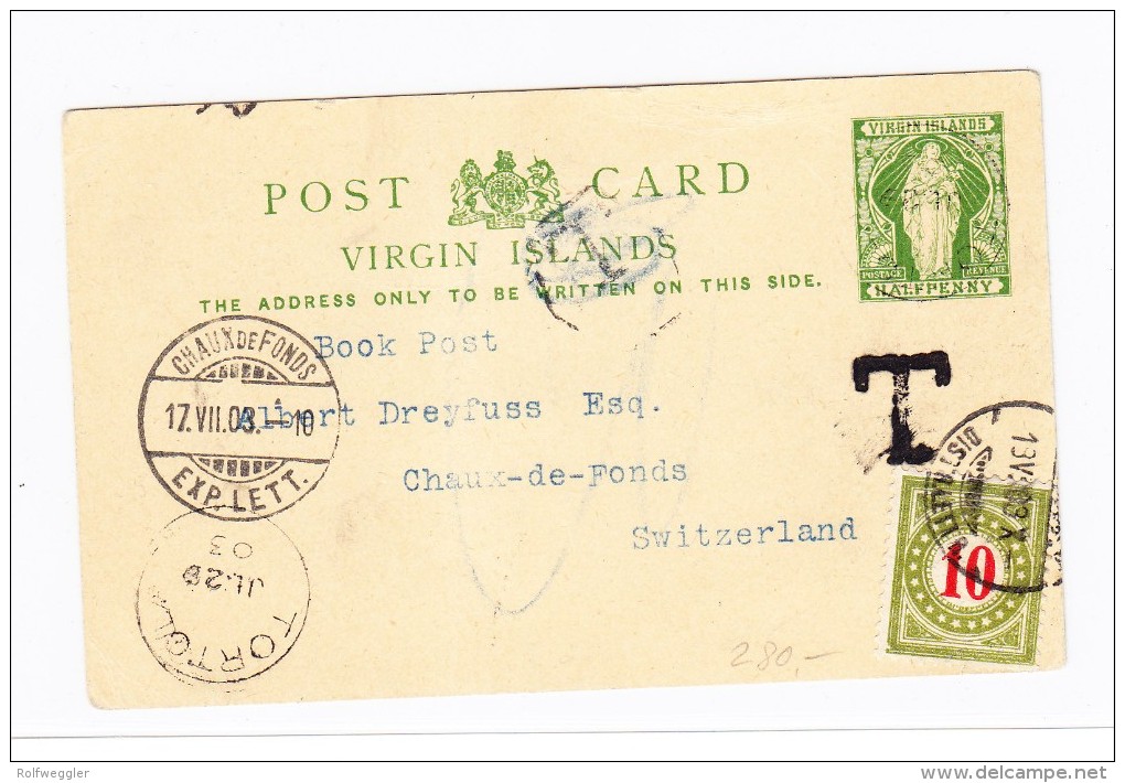 Virgin Islands Ganzsache Nach CH Chaux De Fonds Taxiert 10 Rp. 18  VII 1903 - British Virgin Islands
