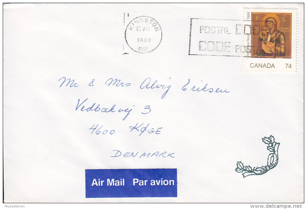 Canada Airmail Par Avion Label KINGSTON (ON) 1988 Cover Lettre KØGE Denmark Christmas Madonna & Child Stamp (2 Scans) - Luchtpost