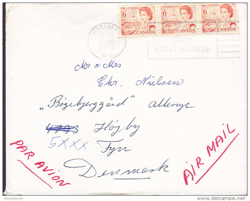 Canada Airmail Par Avion KITIMAT (B.C.) 1969 Cover Lettre HØJBY Denmark 3-Stripe Booklet QEII Stamps Incl. 3-Sided Perf. - Airmail