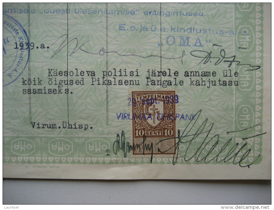 Estland Estonia Estonie 1939 Versicherungspolis Insurance Police Versicherungsgellschaft Oma AS - Bank & Versicherung
