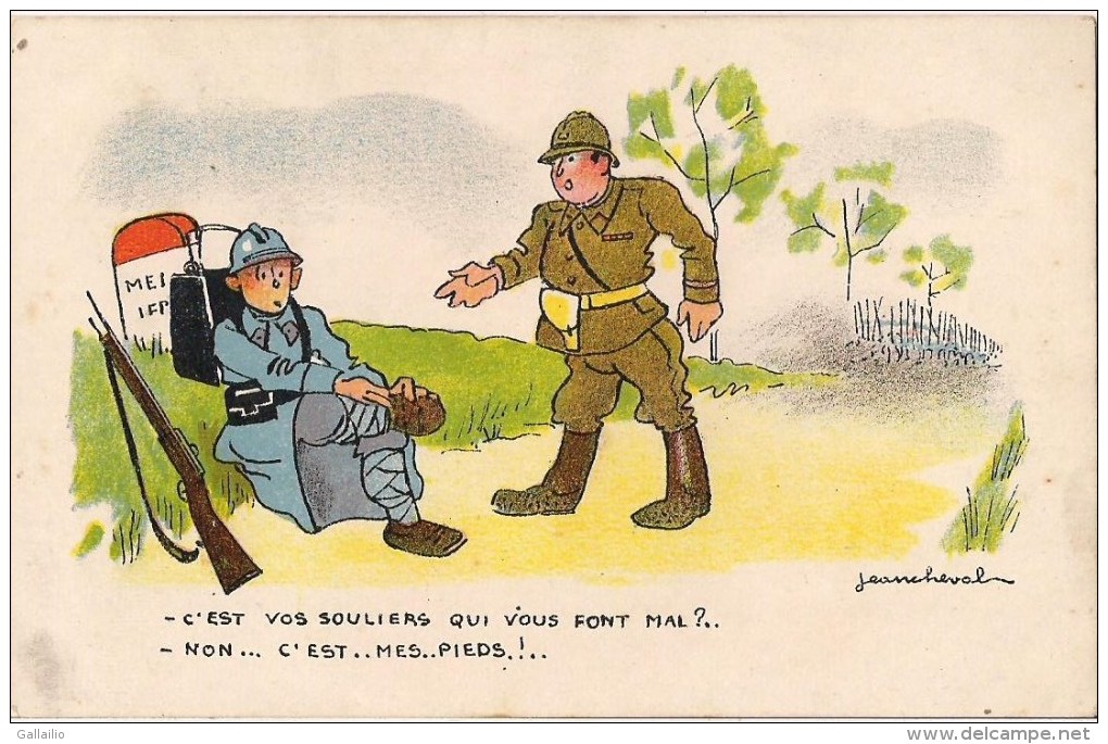 HUMOUR MILITAIRE SIGNEE JEAN CHEVAL C'EST VOS SOULIERS QUI VOUS FONT MAL ? - Cheval