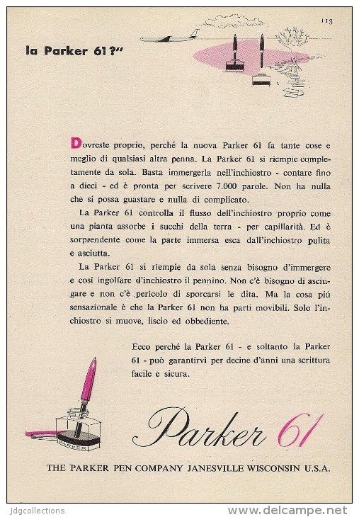 # PARKER 61 FOUNTAIN PEN WISCONSIN 1960s Italy Advert Publicitè Publicidad Reklame Penna Fuller Pluma Stylo Encre Ink - Stylos