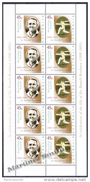 Australie - Australia 2001 Yvert 1919-20, Australian Celebrity (I) Sir Donald Bradman, Cricket- Reprint - Sheetlet - MNH - Sheets, Plate Blocks &  Multiples