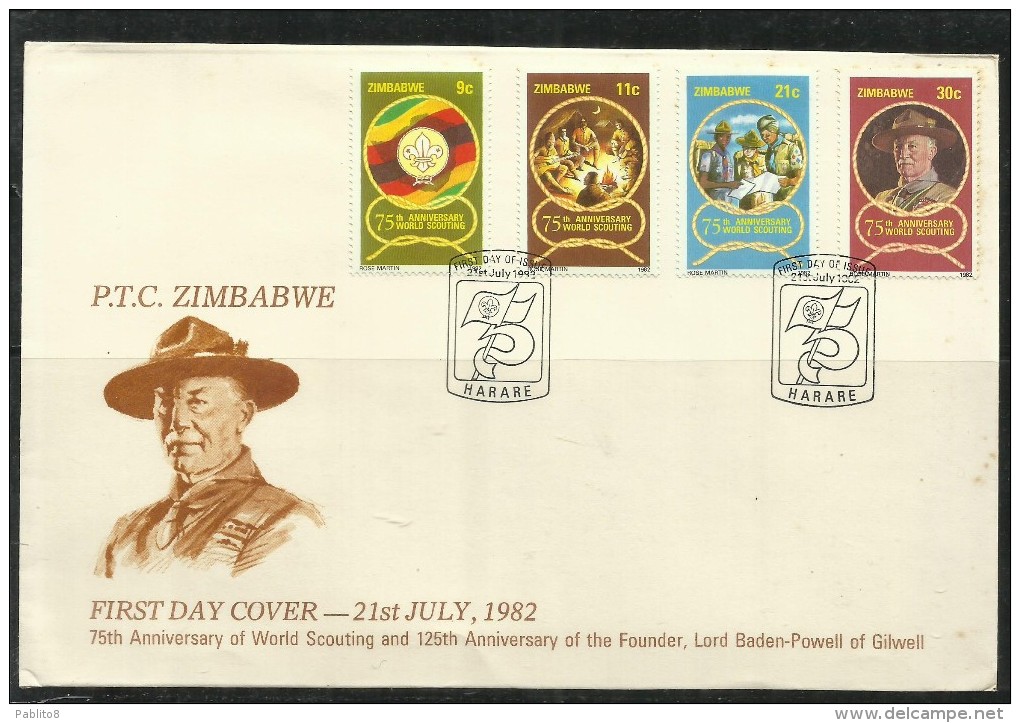 ZIMBABWE 1982 21 JULY PTC SCOUTISM SCOUT SCOUTING FOUNDER LORD BADEN-POWELL OF GILWELL FDC FISRT DAY COVER - Zimbabwe (1980-...)