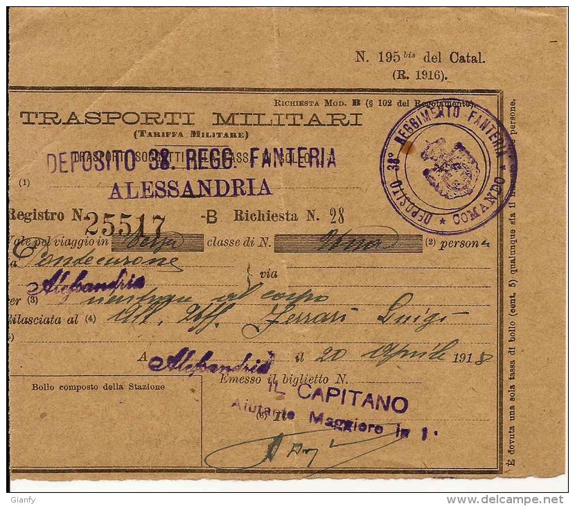 TRASPORTI MILITARI 38° REGGIMENTO FANTERIA ALESSANDRIA 1918 BIGLIETTO - Europa