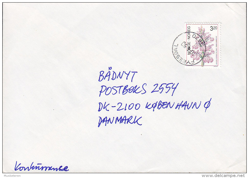 Norway Deluxe FYREDAL 1990 Cover To Denmark 3-Sided Flower Blume Stamp - Briefe U. Dokumente