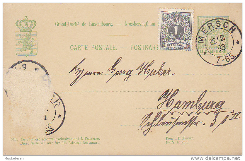 Luxembourg (Uprated) Postal Stationery Ganzsache Entier Postkarte Carte Postale MERSCH 1893 To HAMBURG Germany - Ganzsachen