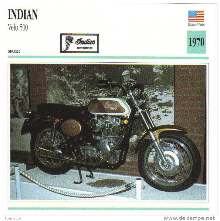 Fiche Moto  -  Indian Velo 500  -  1970  -  Carte De Collection - Motorfietsen