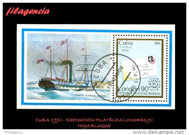USADOS. CUBA. 1990-10 EXPOSICIÓN FILATÉLICA LONDRES 90. SELLO EN SELLO. HOJA BLOQUE - Oblitérés