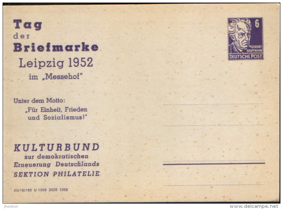 Germany/DDR - Postal Stationery Private Postcard, Unused,1952 - Gerhart Hauptman Nobelpreis,Day Postmark - Private Postcards - Mint