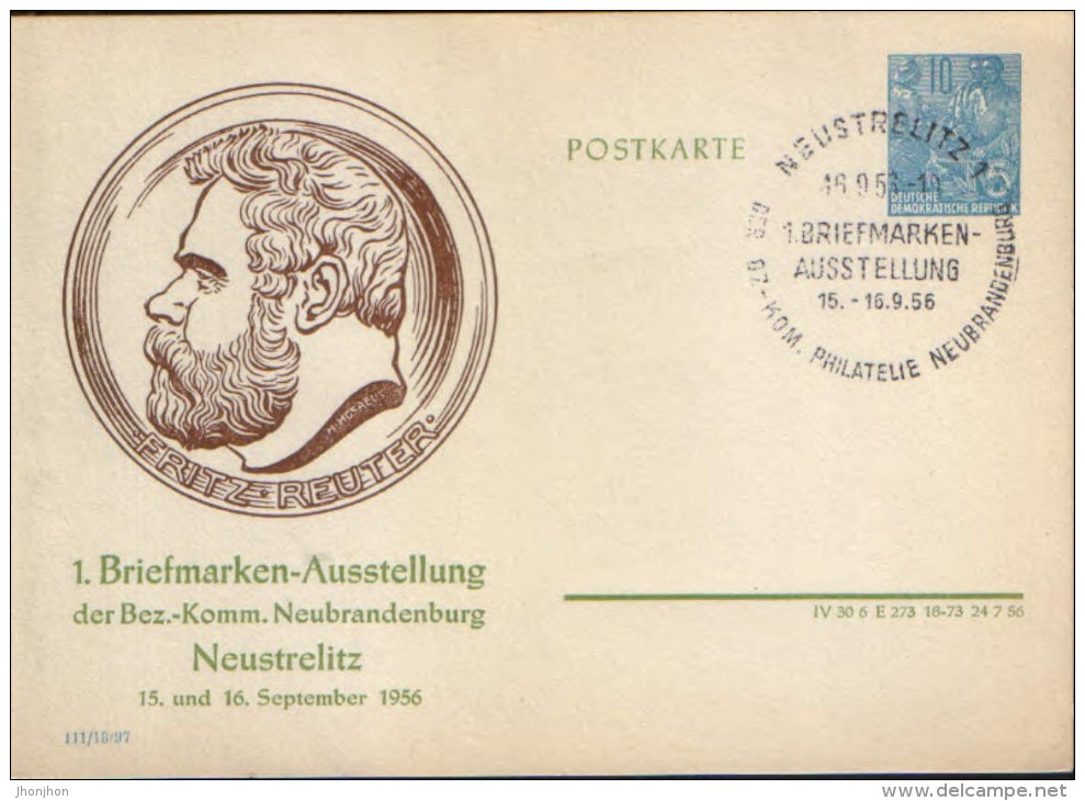 Germany/DDR - Postal Stationery Private Postcard,1956- Fritz Reuter German Novelist Briefmarken- Ausstellung,Neustrelitz - Private Postcards - Used