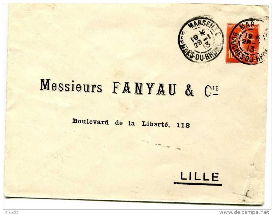 Entier Postal Enveloppe 10 Cts SEMEUSE CAMEE 147 X 1l2 E24A Avec REPIQUAGE FANYAU LILLE - Overprinted Covers (before 1995)