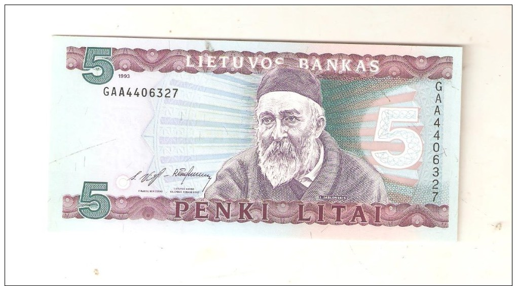 LITHUANIA 5 LITAI 1993 BANKNOTE - Litauen