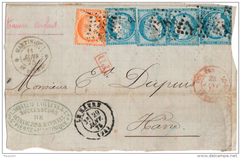 DL - N°38 + 5 X N°60 - GC 1768 Havre Retaillés (dent N°38 Visibles Sur Côté) Simili Timbres Colonies  Datée Martinique - 1871-1875 Cérès