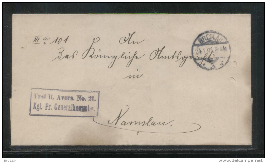 POLAND PRUSSIAN PARTITION ZONE 1896 STAMPLESS LETTER FREI LT AVERS NO 21 KGL PR GENERALKOMMIS BRESLAU WROCLAW TO NAMSLAU - ...-1860 Préphilatélie