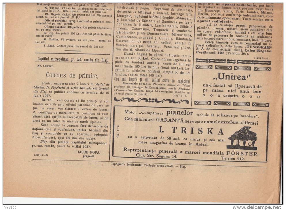 UNIREA NEWSPAPER, CHURCH- POLITIC NEWSPAPER, KING FERDINAND STAMP, 1927, ROMANIA - Autres & Non Classés