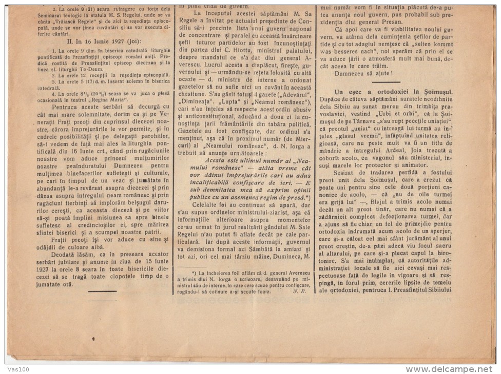 UNIREA NEWSPAPER, CHURCH- POLITIC NEWSPAPER, KING FERDINAND STAMP, 1927, ROMANIA - Autres & Non Classés