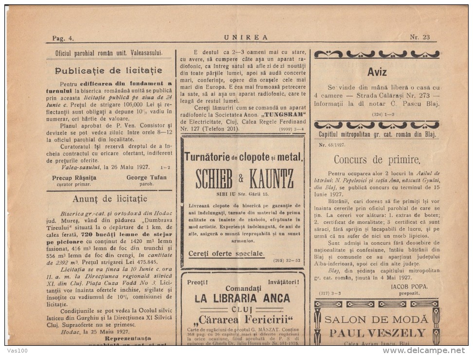 UNIREA NEWSPAPER, CHURCH- POLITIC NEWSPAPER, KING FERDINAND STAMP, 1927, ROMANIA - Autres & Non Classés