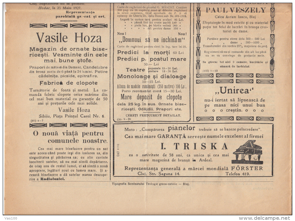 UNIREA NEWSPAPER, CHURCH- POLITIC NEWSPAPER, KING FERDINAND STAMP, 1927, ROMANIA - Autres & Non Classés