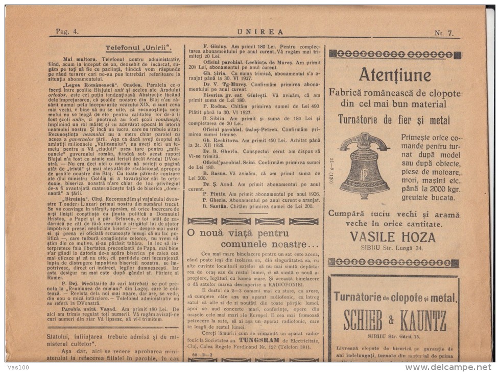 UNIREA NEWSPAPER, CHURCH- POLITIC NEWSPAPER, KING FERDINAND STAMP, 1927, ROMANIA - Sonstige & Ohne Zuordnung