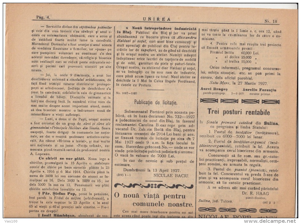 UNIREA NEWSPAPER, CHURCH- POLITIC NEWSPAPER, KING FERDINAND STAMP, 1927, ROMANIA - Autres & Non Classés