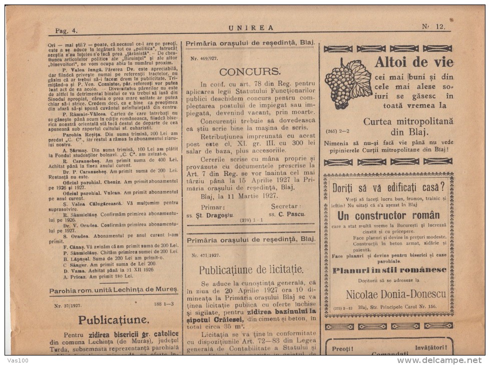 UNIREA NEWSPAPER, CHURCH- POLITIC NEWSPAPER, KING FERDINAND STAMP, 1927, ROMANIA - Otros & Sin Clasificación