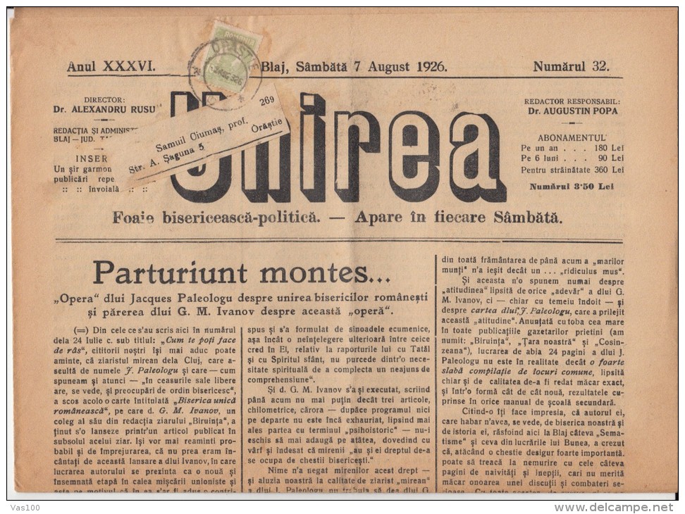 UNIREA NEWSPAPER, CHURCH- POLITIC NEWSPAPER, KING FERDINAND STAMP, 1926, ROMANIA - Other & Unclassified