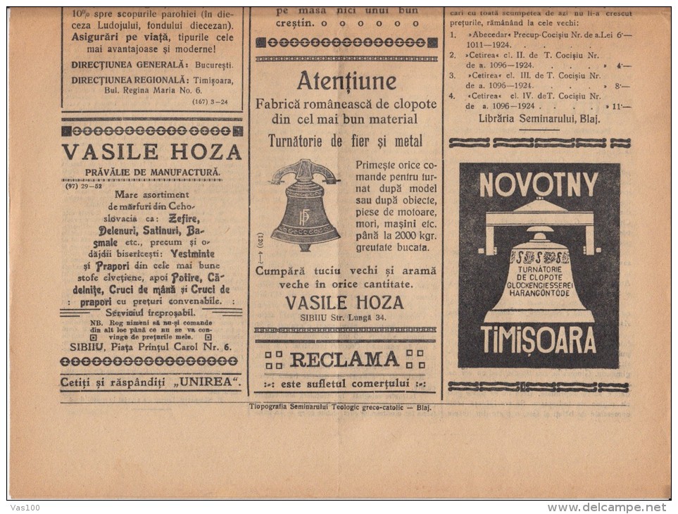 UNIREA NEWSPAPER, CHURCH- POLITIC NEWSPAPER, KING FERDINAND STAMP, 1926, ROMANIA - Altri & Non Classificati