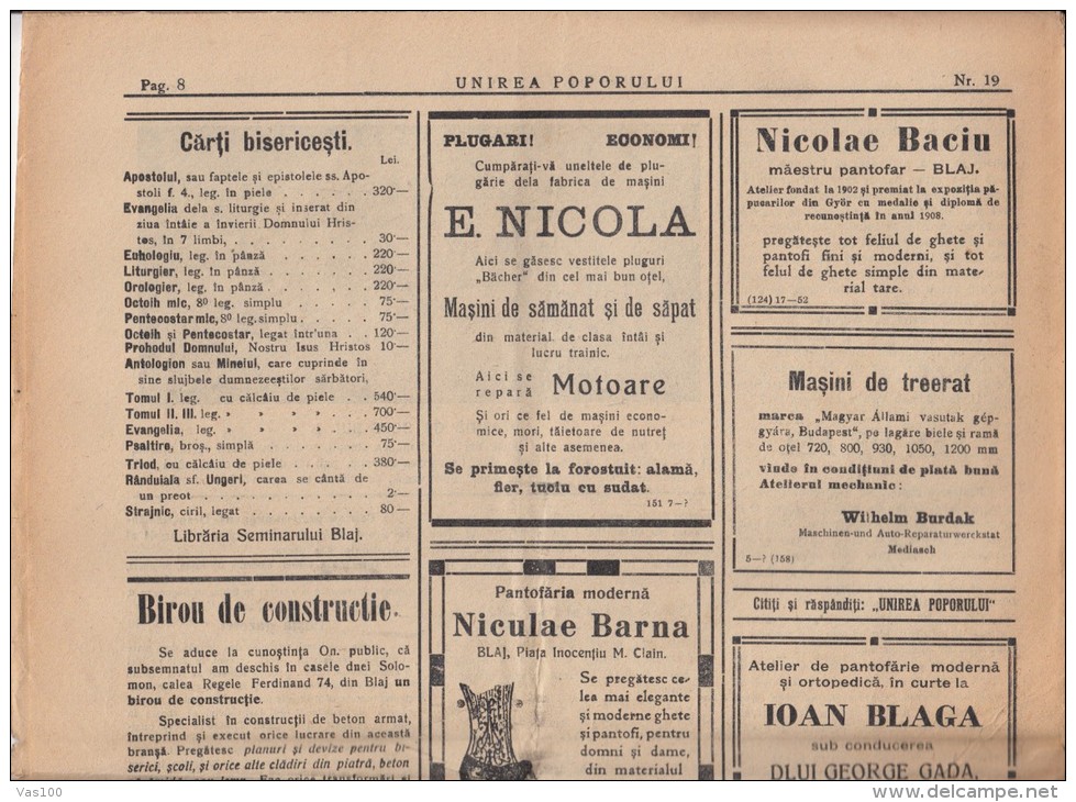 UNIREA POPORULUI NEWSPAPER, WEEKLY NEWSPAPER, KING FERDINAND STAMPS, 1926, ROMANIA - Sonstige & Ohne Zuordnung