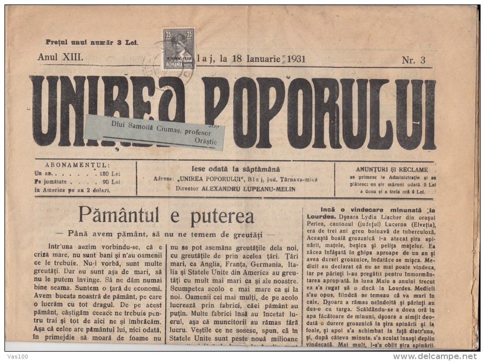 UNIREA POPORULUI NEWSPAPER, WEEKLY CHURCH NEWSPAPER, KING MICHAEL STAMPS, 1931, ROMANIA - Autres & Non Classés