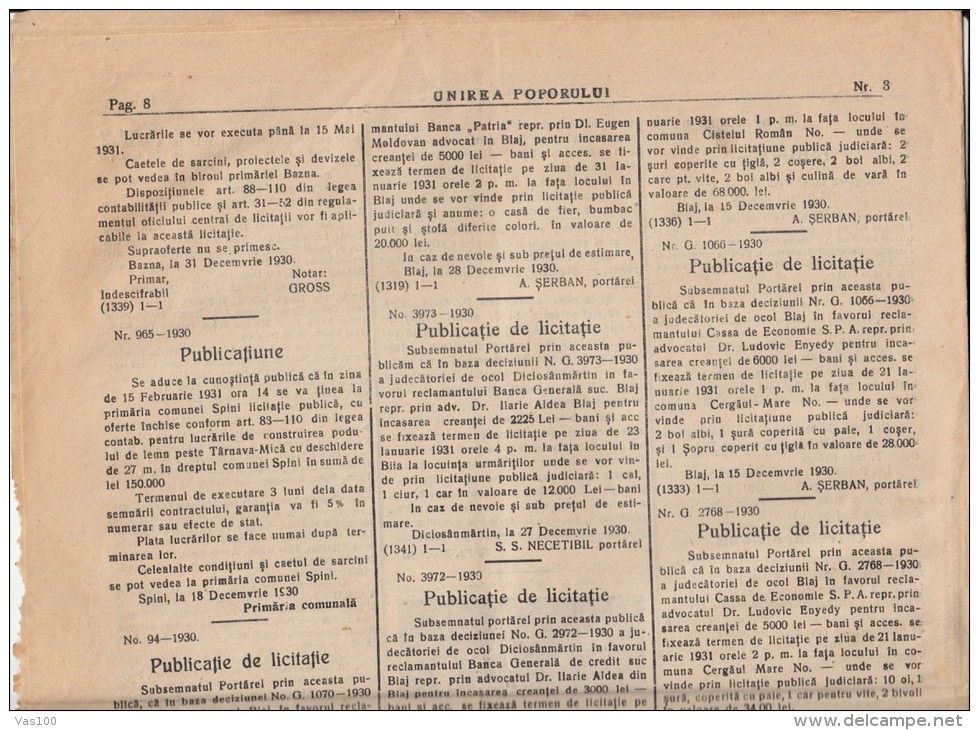 UNIREA POPORULUI NEWSPAPER, WEEKLY CHURCH NEWSPAPER, KING MICHAEL STAMPS, 1931, ROMANIA - Sonstige & Ohne Zuordnung