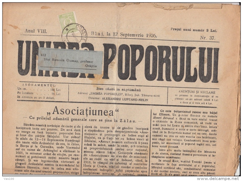 UNIREA POPORULUI NEWSPAPER, WEEKLY CHURCH NEWSPAPER, KING FERDINAND STAMPS, 1926, ROMANIA - Sonstige & Ohne Zuordnung