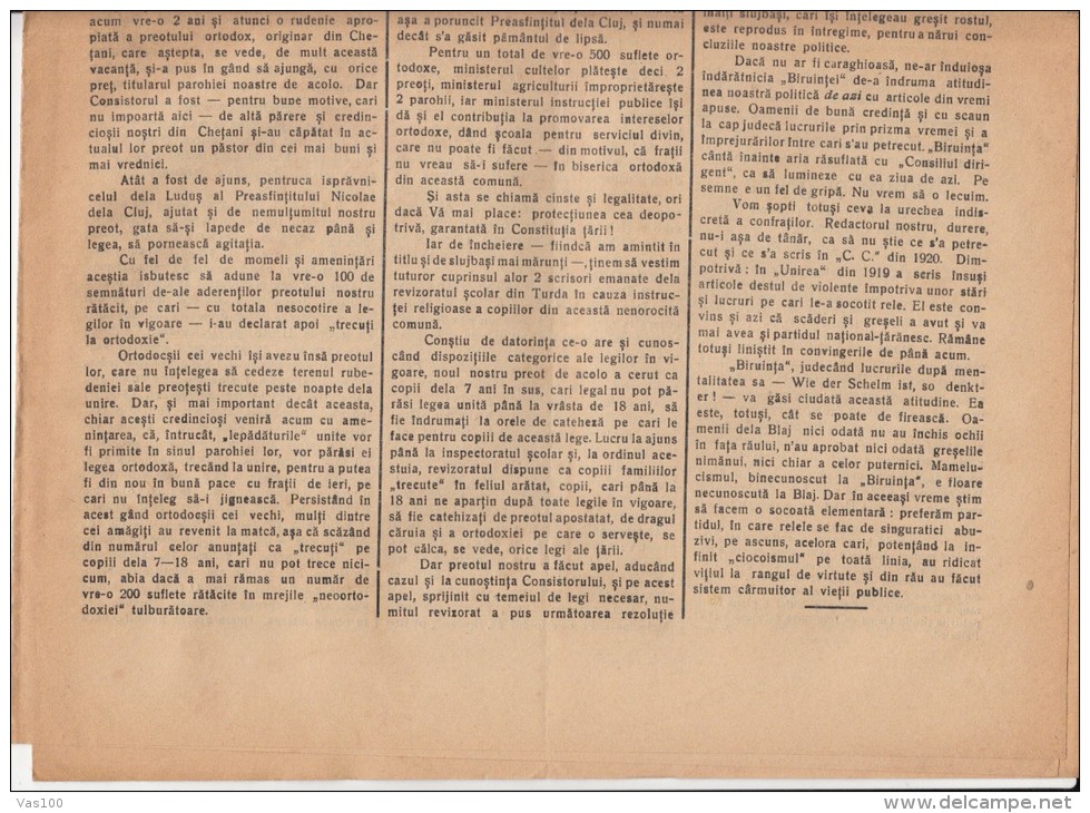 UNIREA NEWSPAPER, CHURCH- POLITIC NEWSPAPER, KING FERDINAND STAMP, 1927, ROMANIA - Other & Unclassified