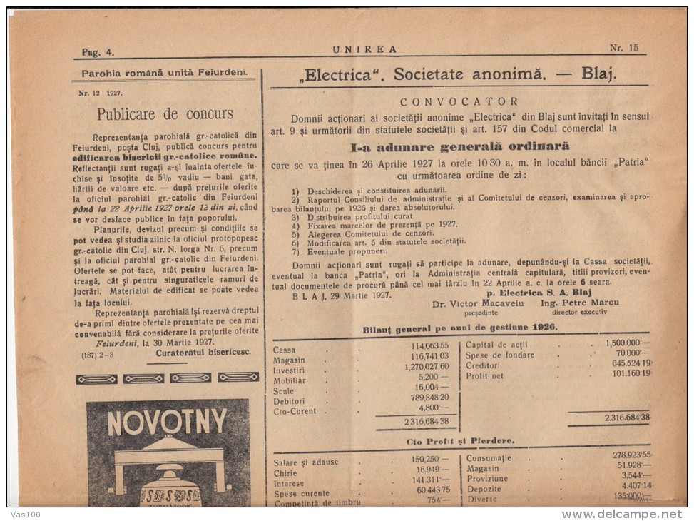 UNIREA NEWSPAPER, CHURCH- POLITIC NEWSPAPER, KING FERDINAND STAMP, 1927, ROMANIA - Autres & Non Classés