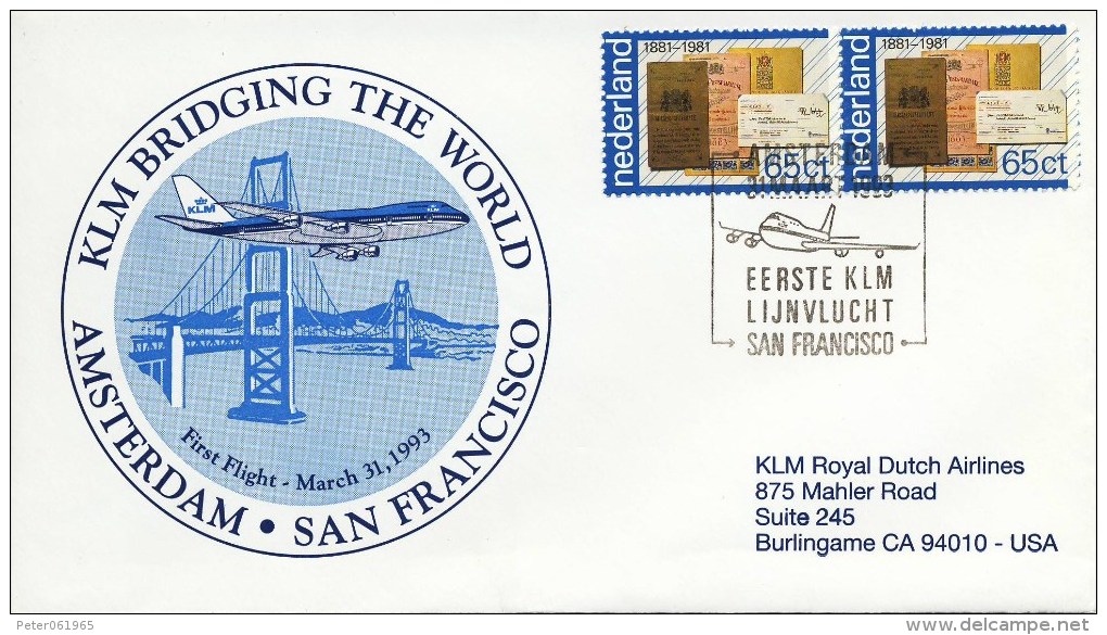 Eerste KLM Lijnvlucht Amsterdam - San Francisco (31 Maart 1993) - Storia Postale