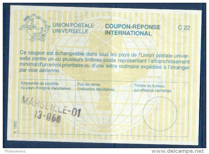 Coupon-réponse International, Type 27 (UPU Vertical , + 9.1992) , Marseille 01(  Cr 40) - Antwoordbons