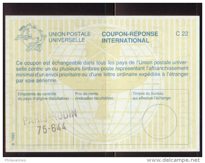 Coupon-réponse International, Type 27 (UPU Vertical , + 9.1992) , PARIS-RODIN (  Cr 55) - Coupons-réponse