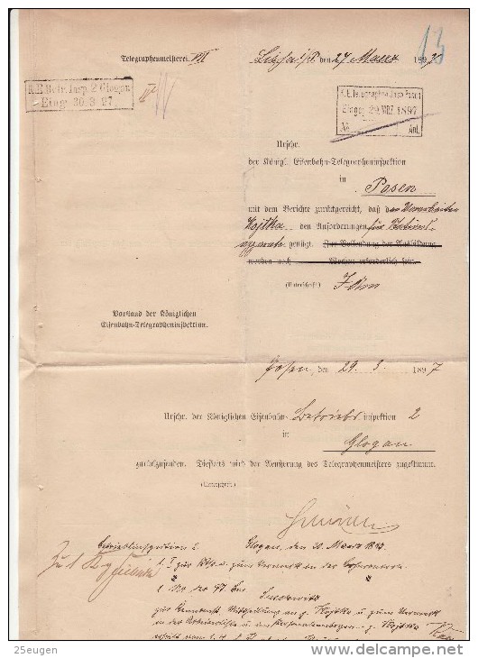 POLAND / GERMAN ANNEXATION 1897  Telegraph Document Sent To Poznan - Briefe U. Dokumente
