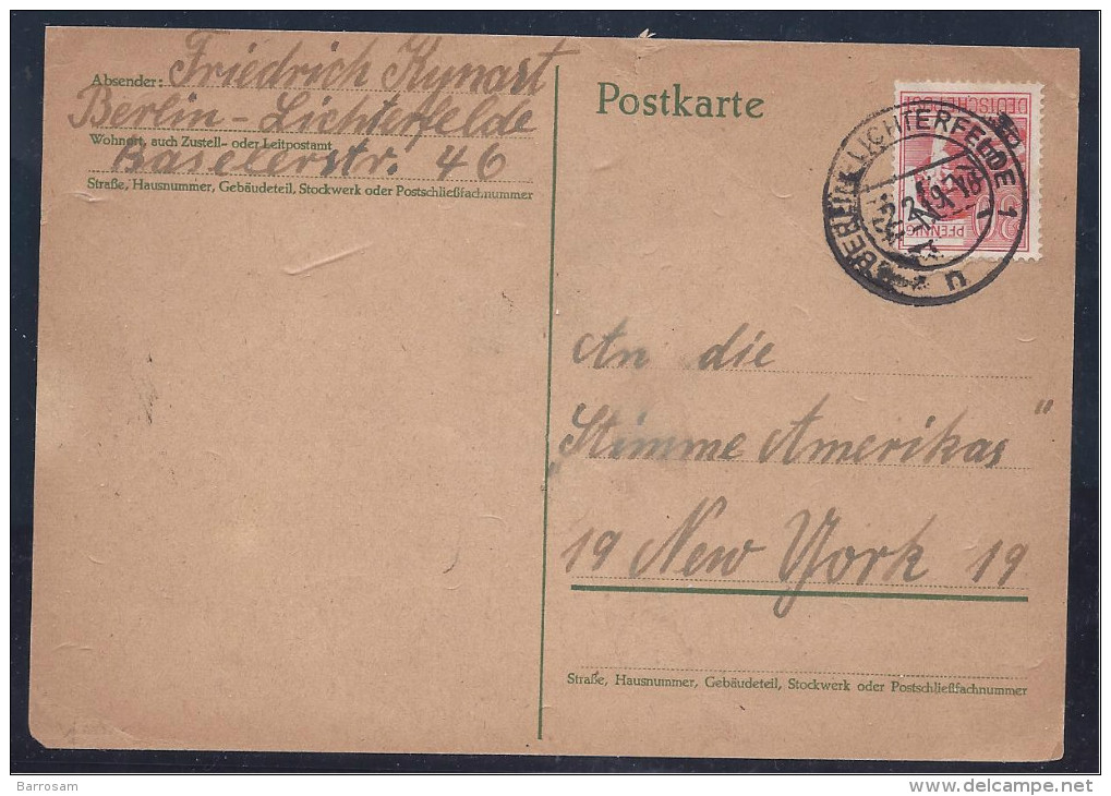 Berlin1949:Michel11 On Card EF To Voice Of America   Catalgue Value210Euros($288) - Covers & Documents