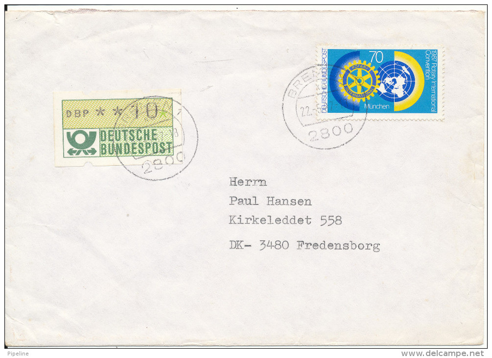 Germany Cover Sent To Denmark Bremen 22-5-1987 ATM And Stamp Rotary And MAP - Covers & Documents