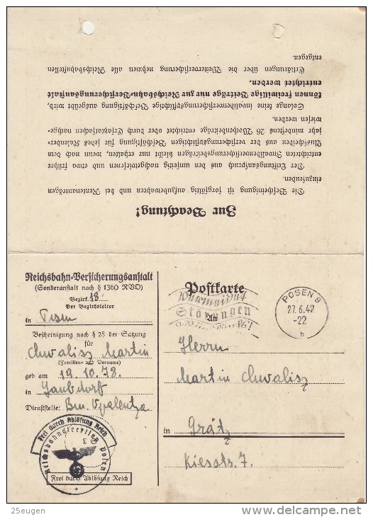 GREMAN OCCUPATION 1942  POSTCARD SENT FROM POZNAN - Other & Unclassified