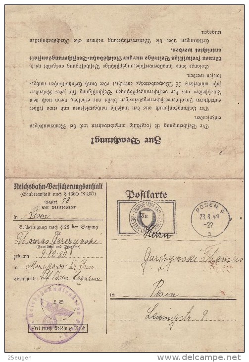 GREMAN OCCUPATION  1941  POSTCARD SENT FROM POZNAN - Sonstige & Ohne Zuordnung