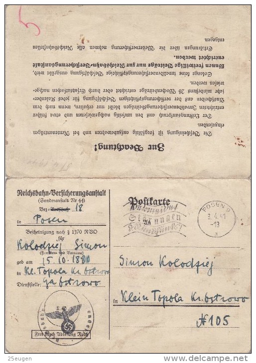 GREMAN OCCUPATION 1941  POSTCARD SENT FROM POZNAN TO TOPOLA - Sonstige & Ohne Zuordnung